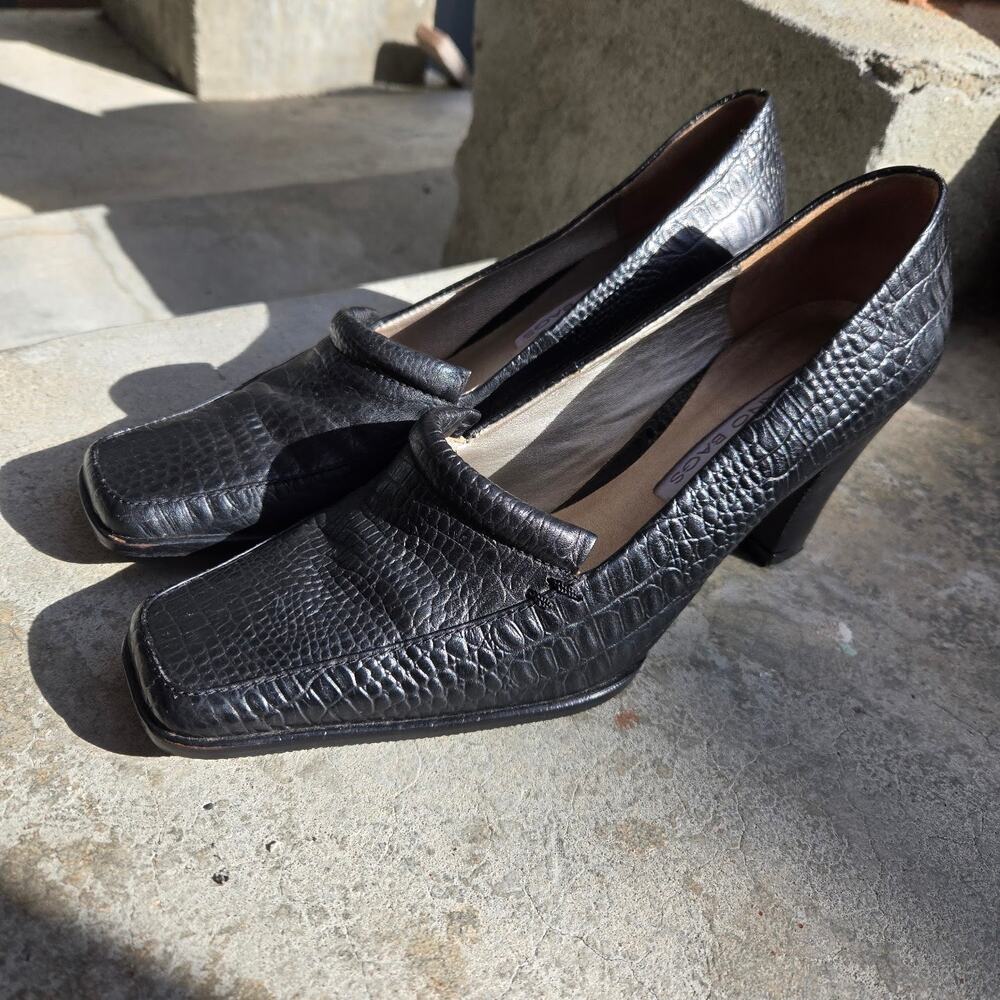 black croc embossed square toe heels
